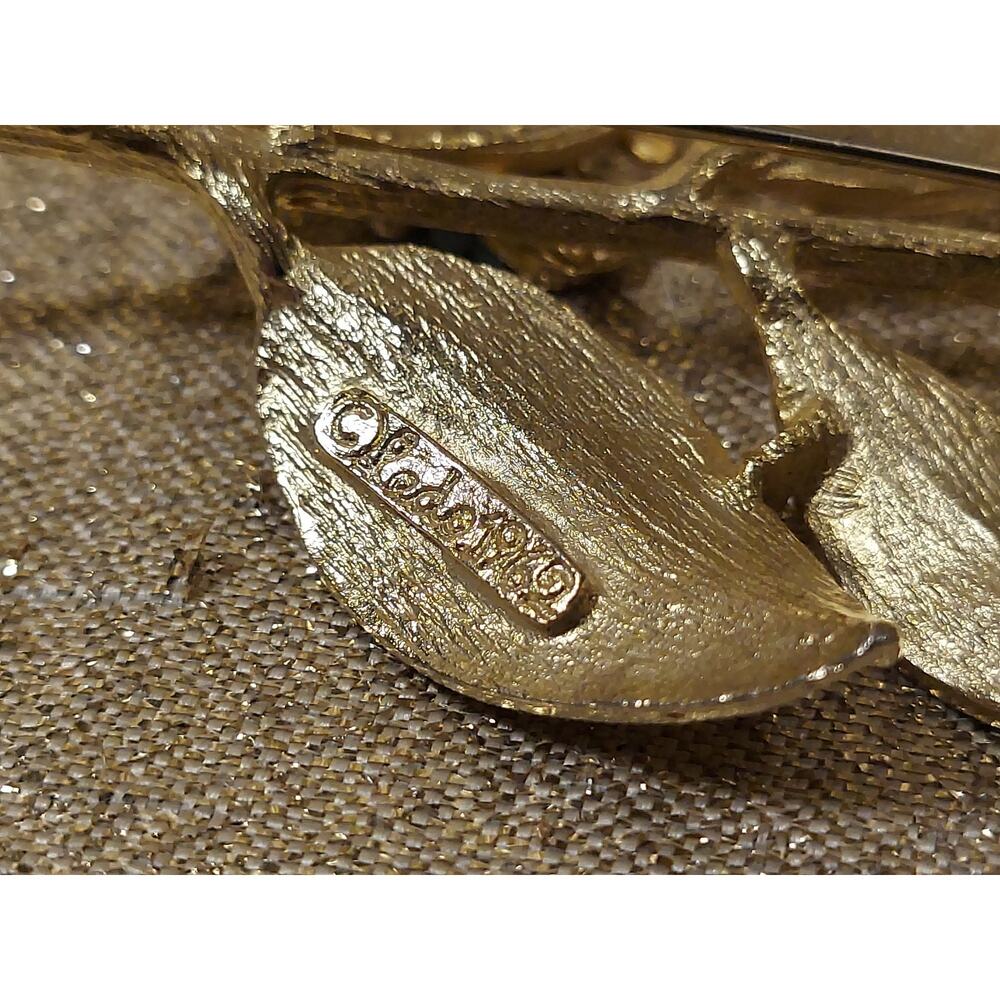 Vintage Large Brooch LEDO 1962 Golden Leaf Frog Faux Turquoise Pin READ - Picture 10 of 11